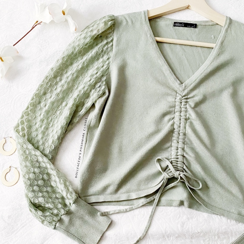 Sage Green Drawstring Sweater with Sheer Sleeves
